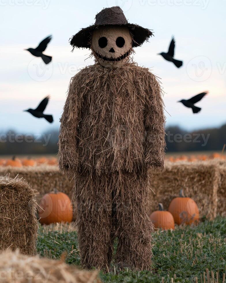 Spooky scarecrow in autumn field photo
