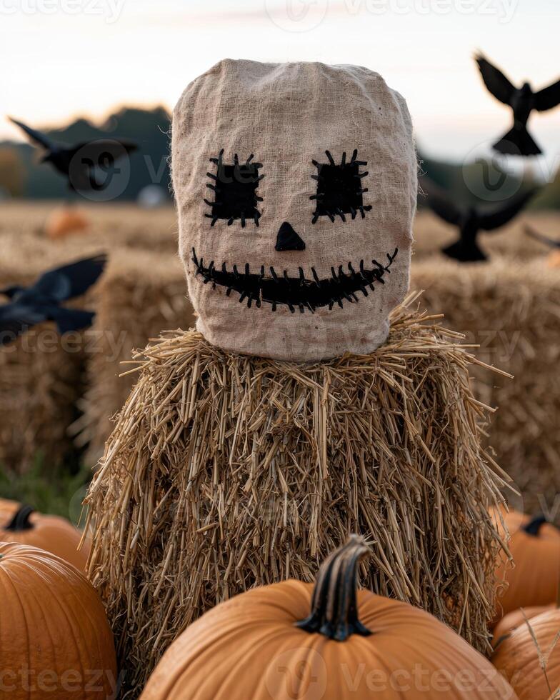 spooky halloween scarecrow with pumpkins photo