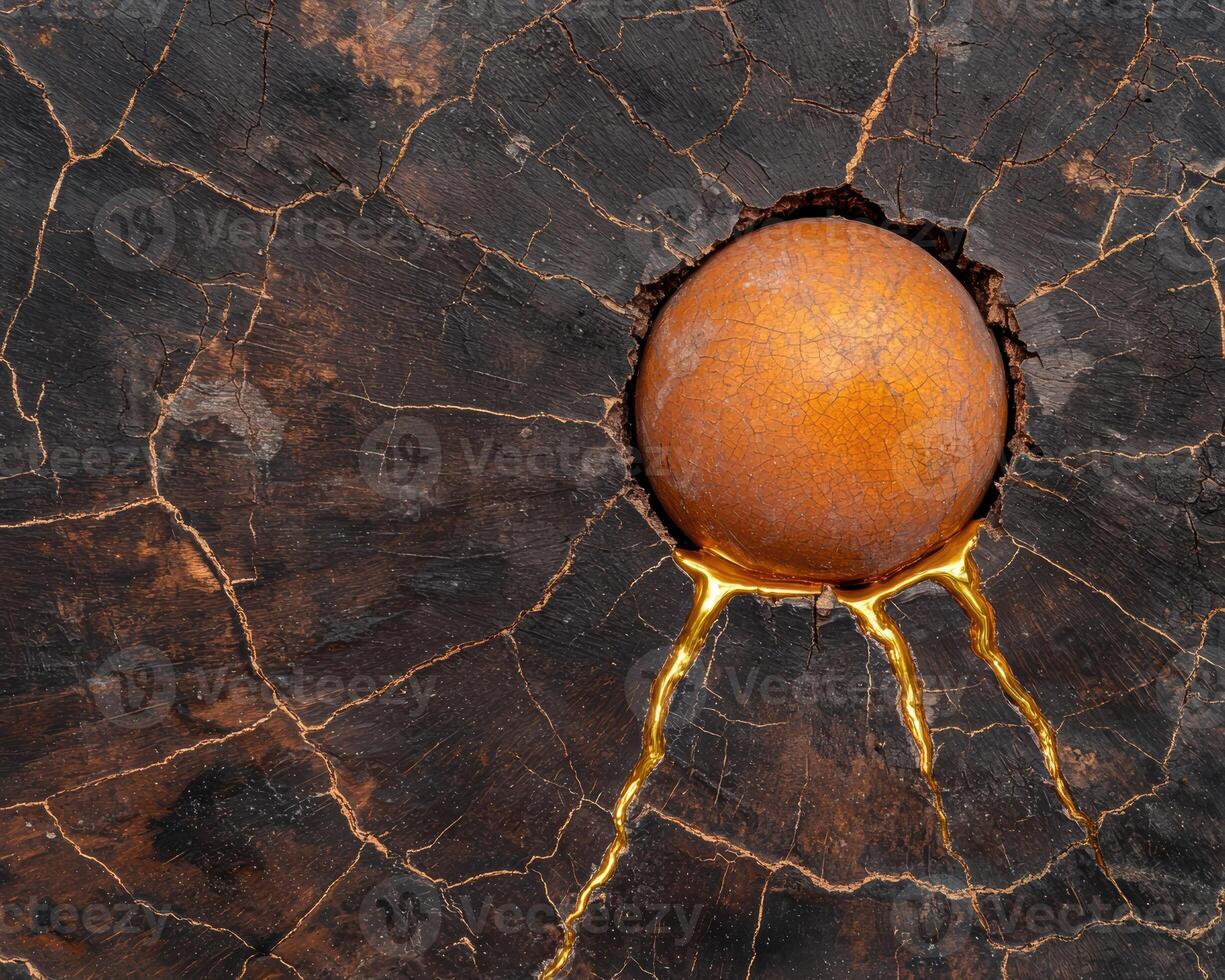 Cracked marble surface with golden liquid sphere photo