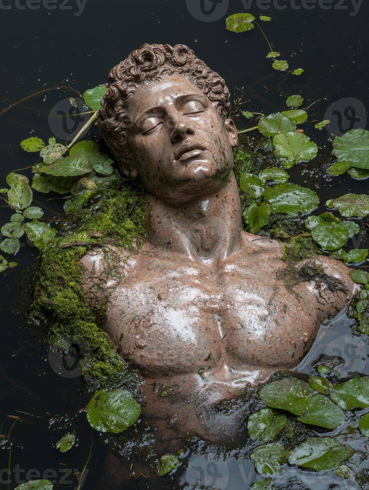 Weathered statue head in pond with lily pads photo