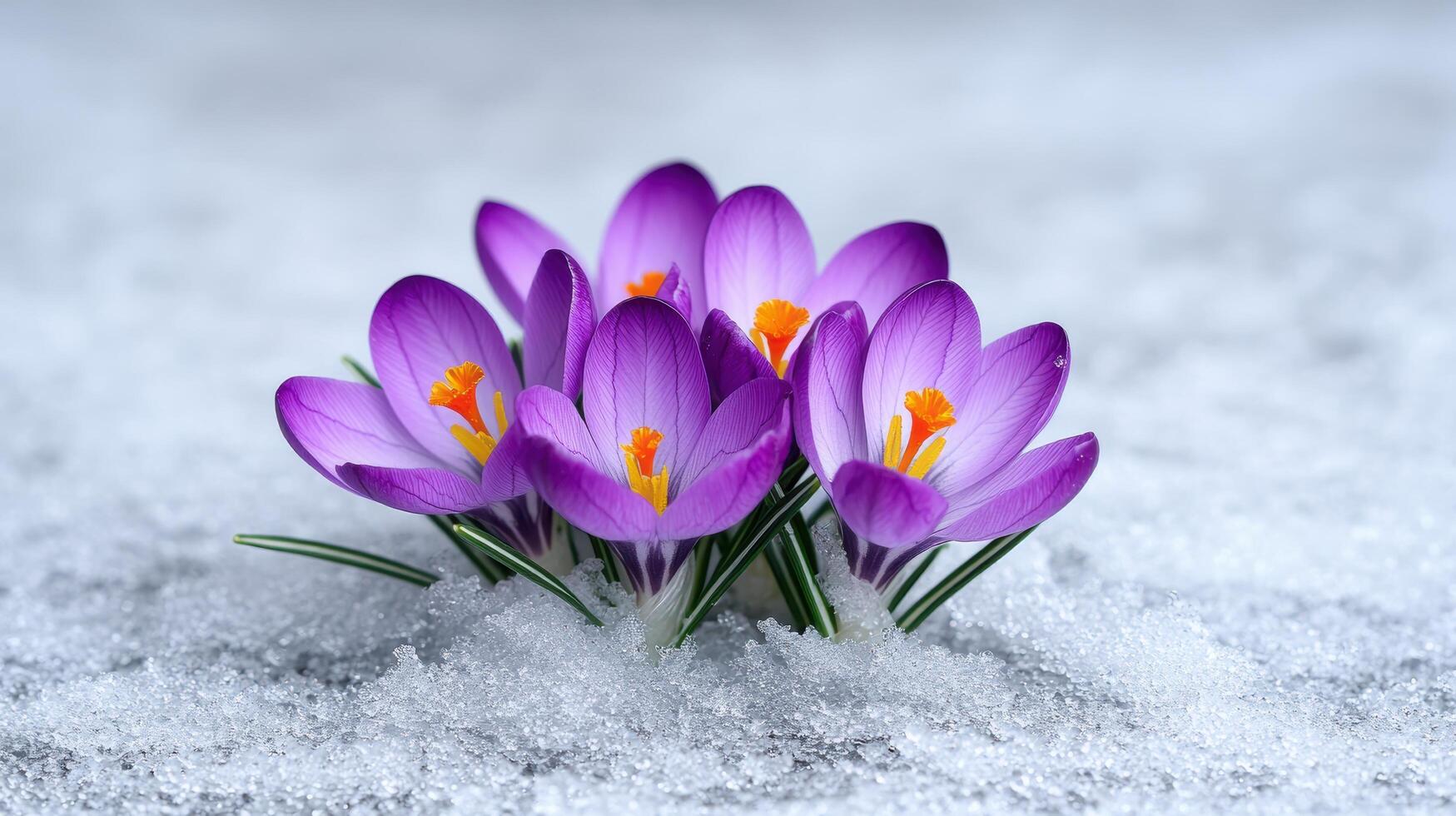 Vibrant purple crocus flowers blooming in the snow photo