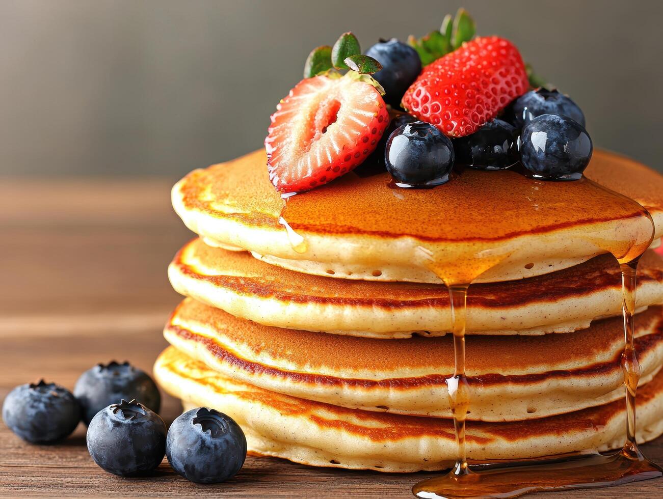 Delicious stack of fluffy pancakes with fresh berries and honey drizzle photo