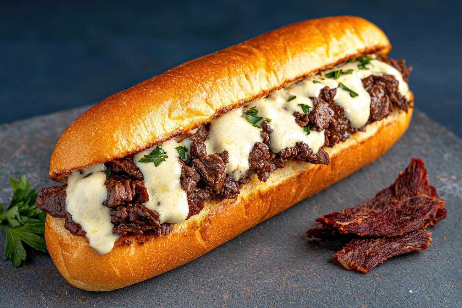 delicious cheesesteak sandwich with melted cheese and grilled meat photo