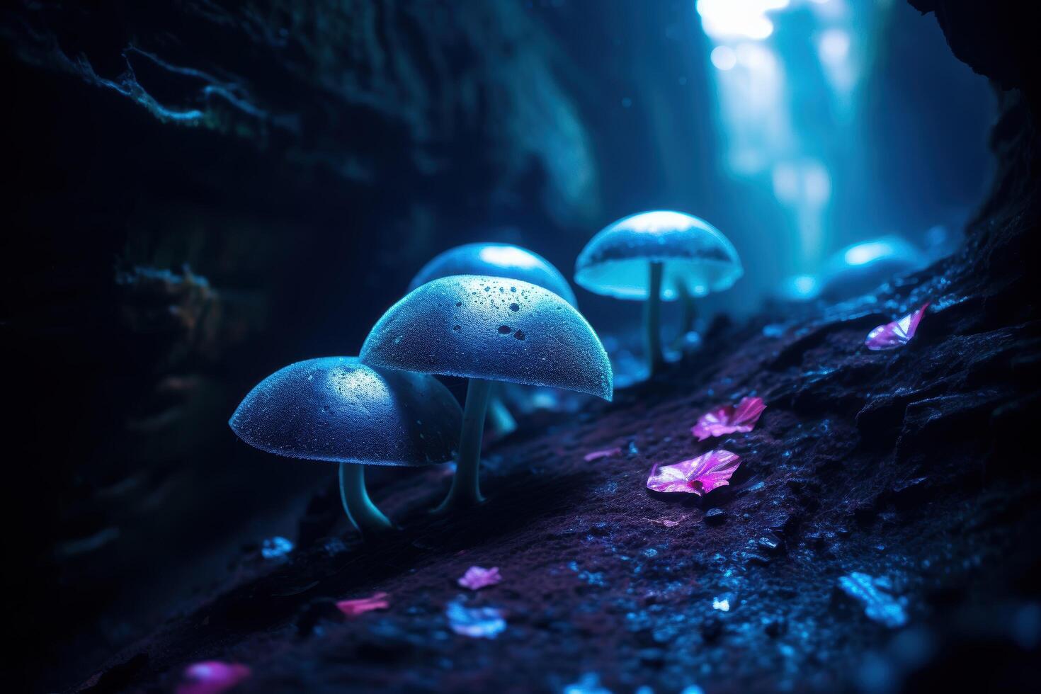 Glowing mushrooms in a dark, mysterious forest photo