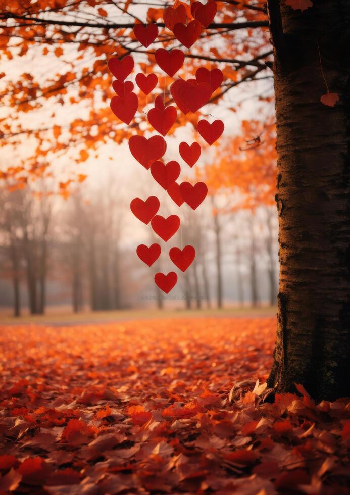 hearts hanging from tree in autumn forest photo