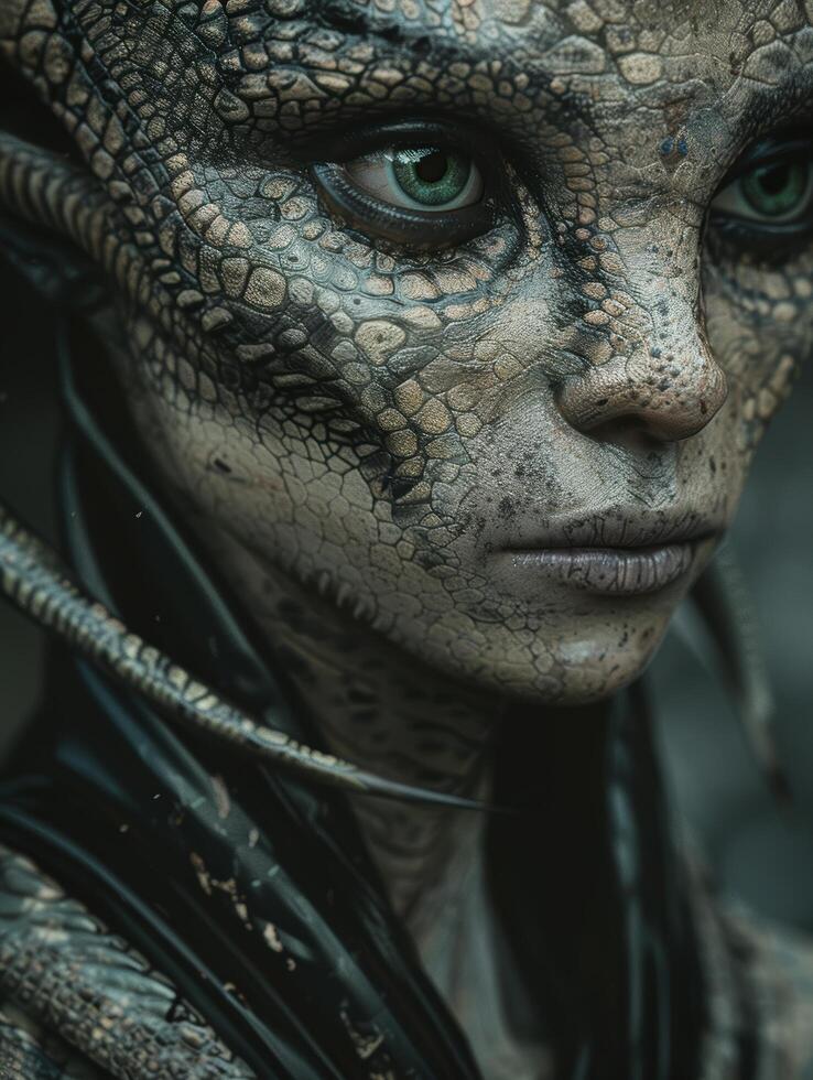 Close up of a reptilian face with intricate scales and a piercing green eye photo