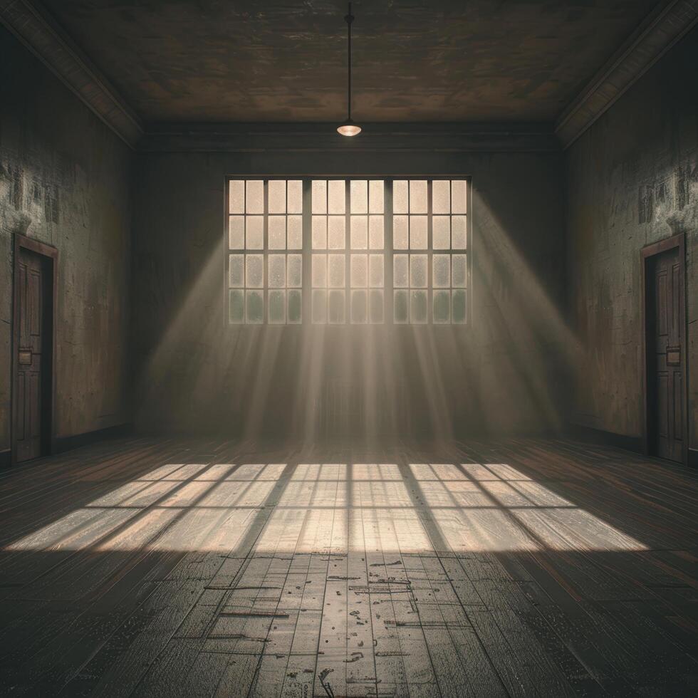 Abandoned room with sunlight streaming through windows photo