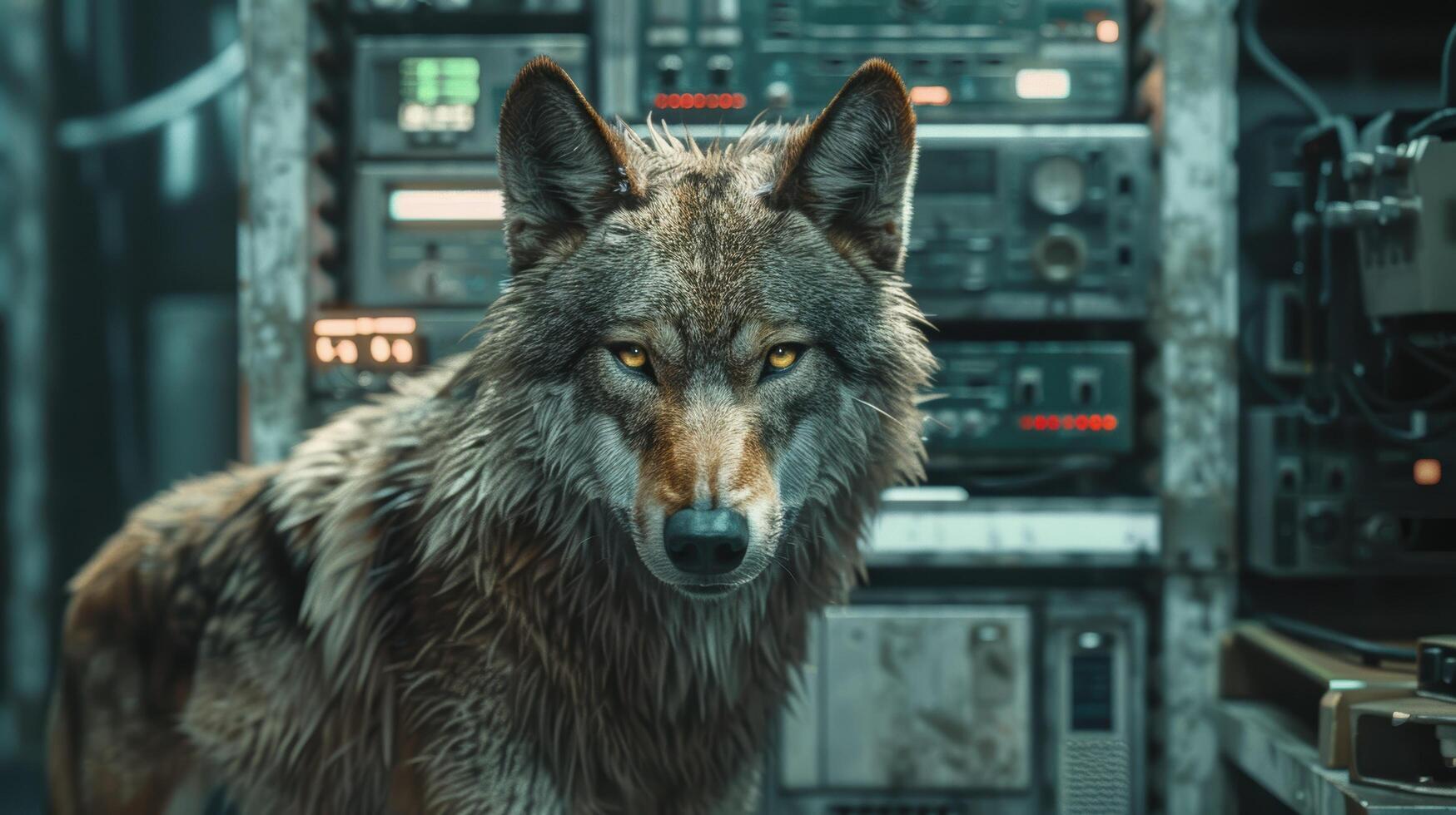 Intense wolf staring at camera in dark environment photo