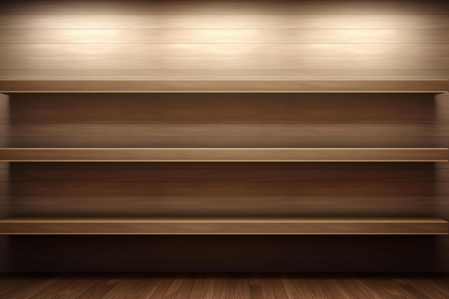 empty wooden shelves in a room with warm lighting photo