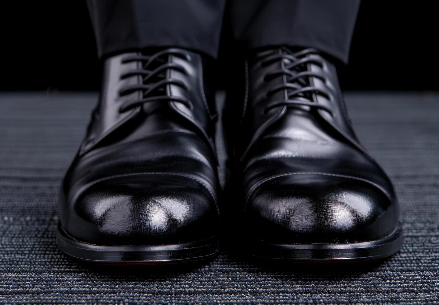 Elegant black leather dress shoes on a textured floor photo