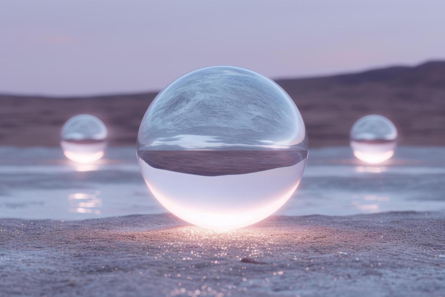Surreal glass sphere reflecting sunset over serene lake photo