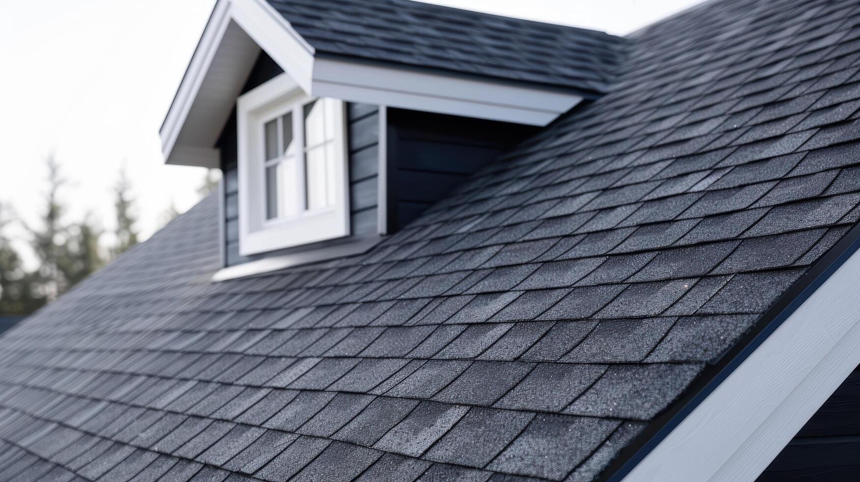 Close up of a modern house roof with black asphalt shingles photo