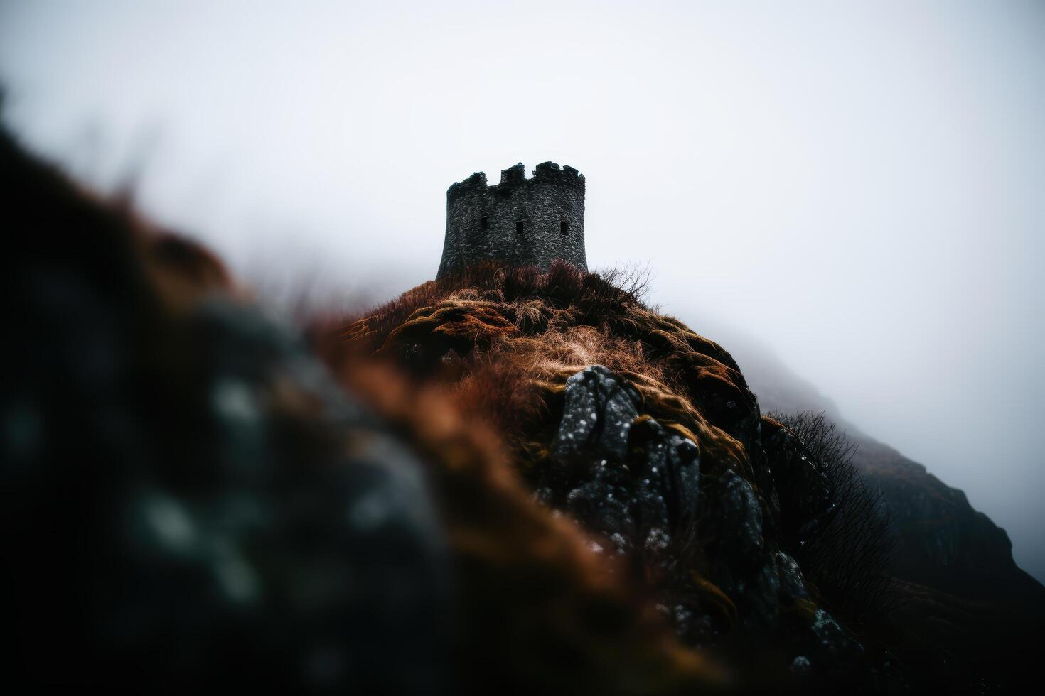 ancient castle tower on a misty mountain photo