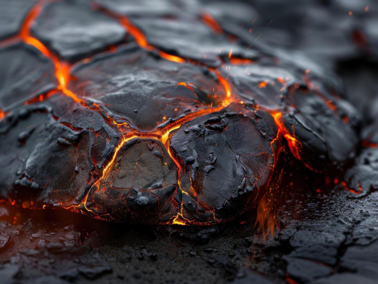 Glowing lava rock with fiery cracks photo