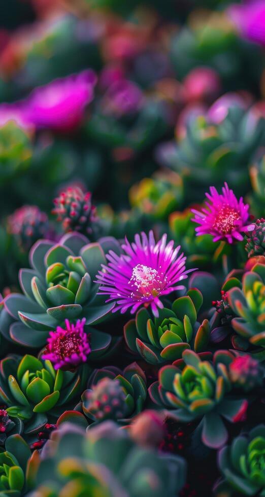 Vibrant succulent garden with pink flowers photo