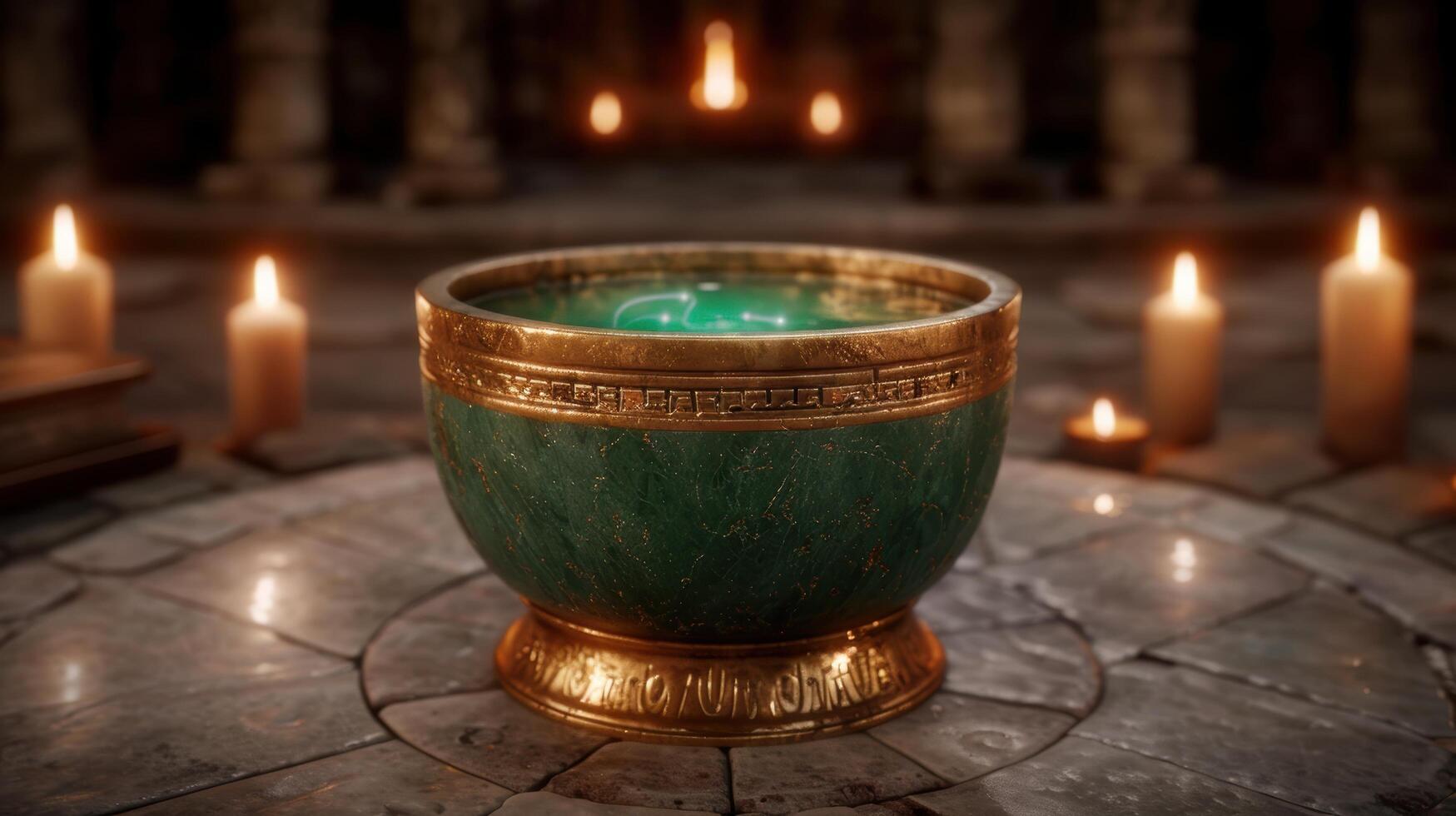 Mystical ritual bowl with glowing green liquid and candles photo