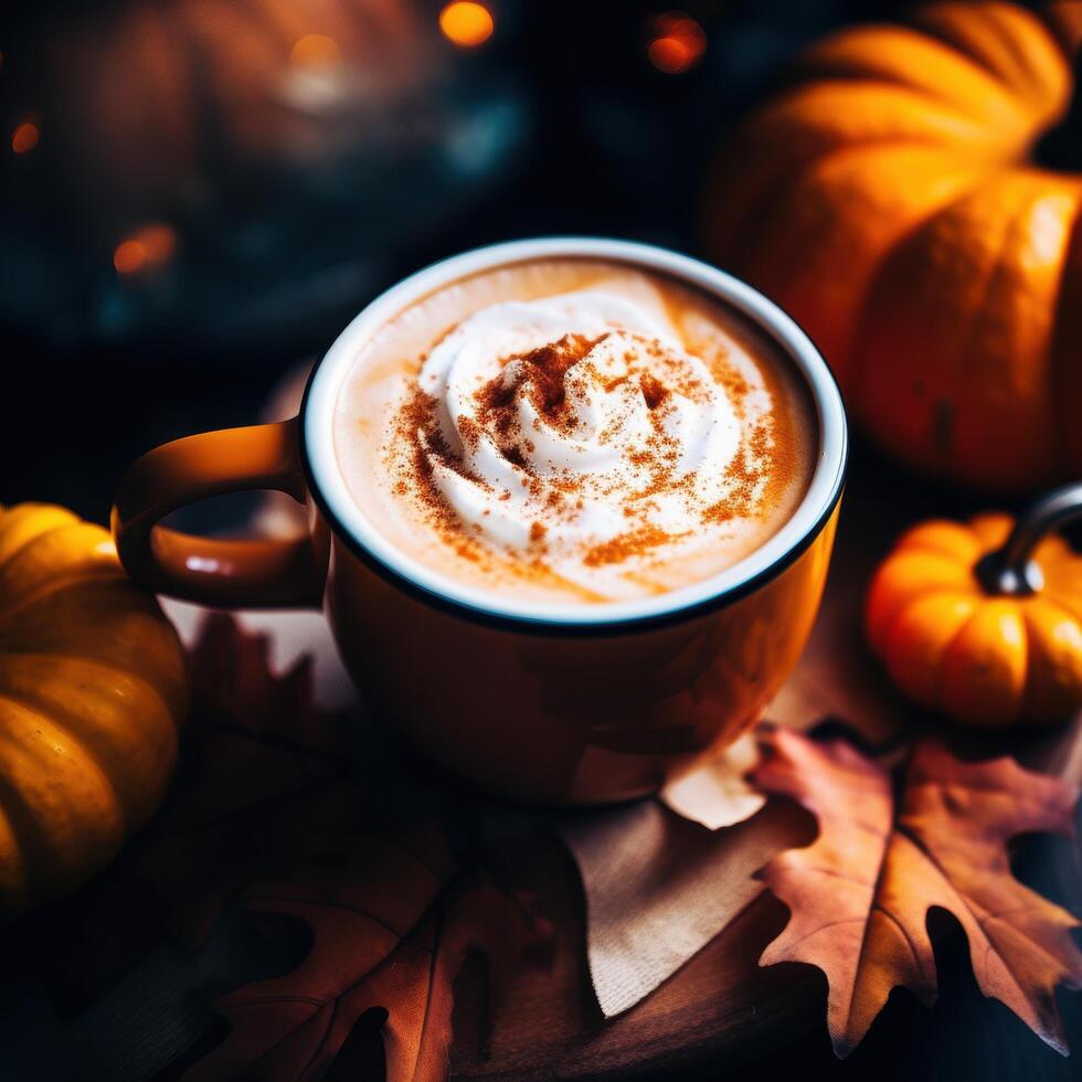 cozy autumn coffee drink with pumpkin photo