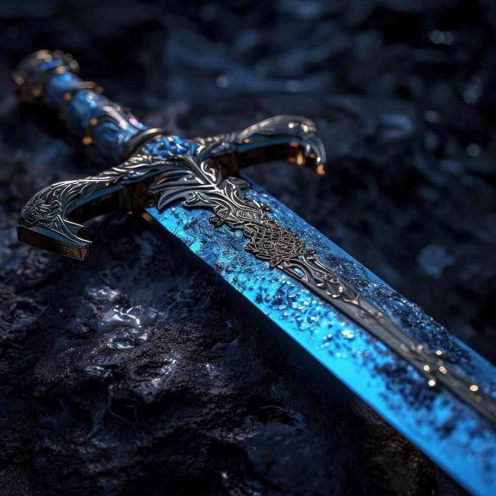 Ornate fantasy sword with glowing blue blade photo