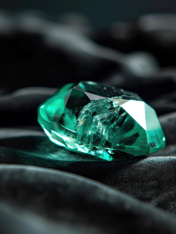 Vibrant emerald crystal on black fabric photo