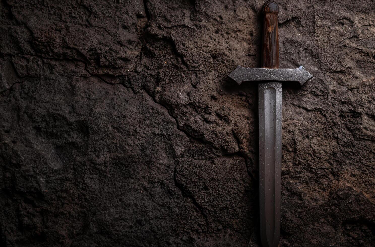 Mysterious medieval sword in dark stone wall photo