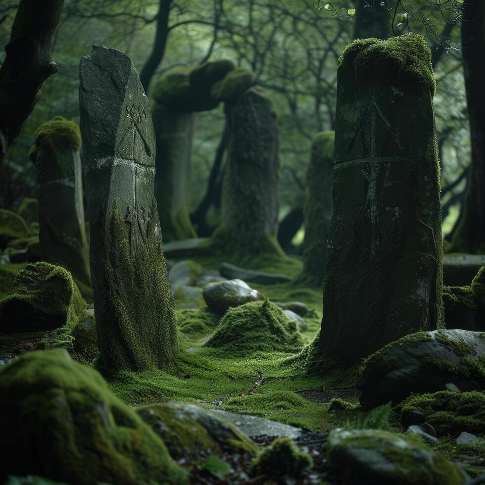 Enchanted forest with moss covered stones photo