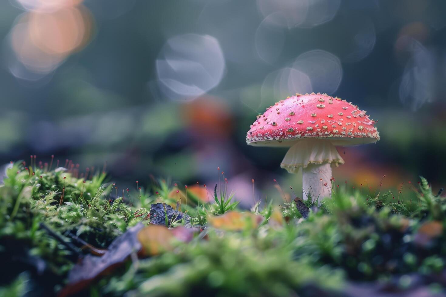 Vibrant red mushroom in a magical forest photo