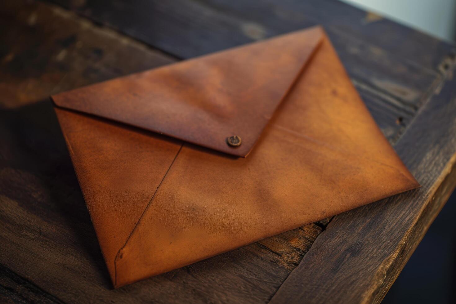 Vintage leather envelope on wooden table photo