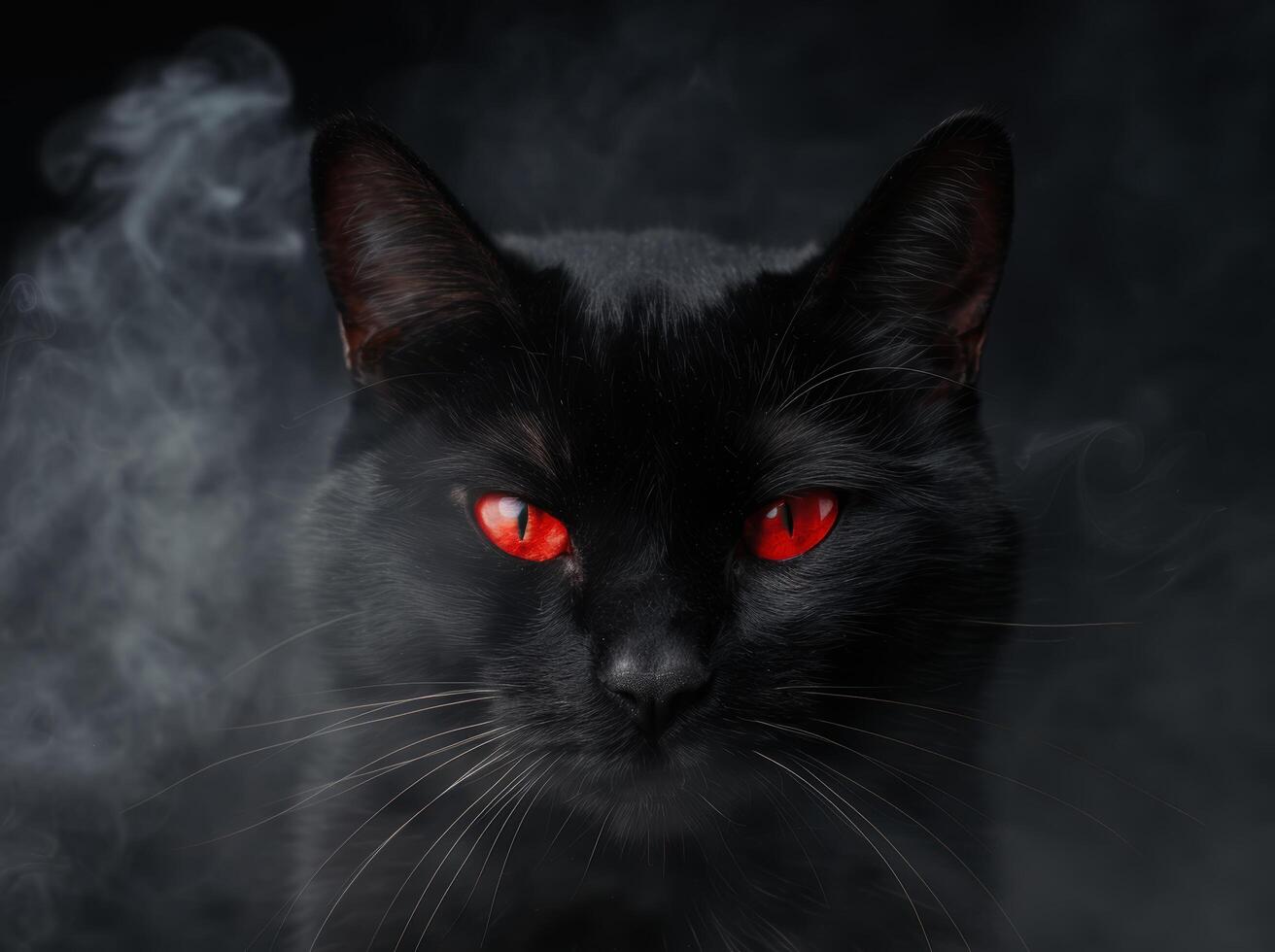 Intense glowing red eyes of a mysterious black cat photo