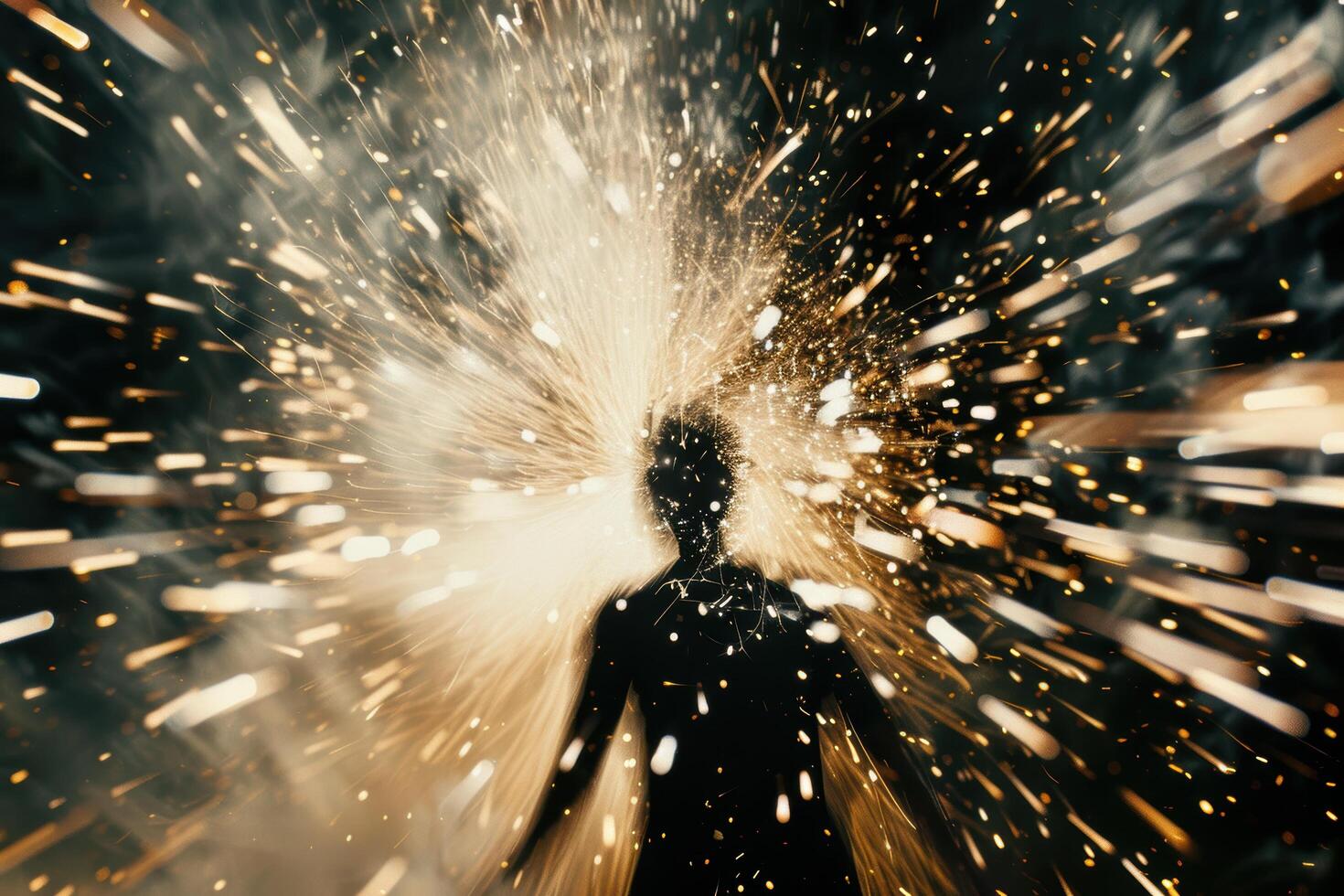 Explosion of golden sparks and light photo