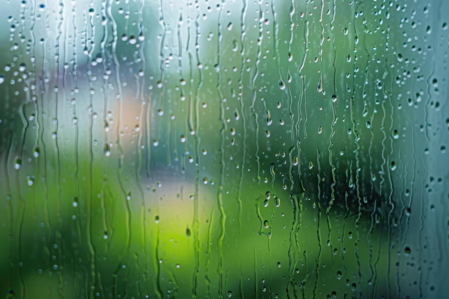 Raindrops on glass with blurred green nature background photo