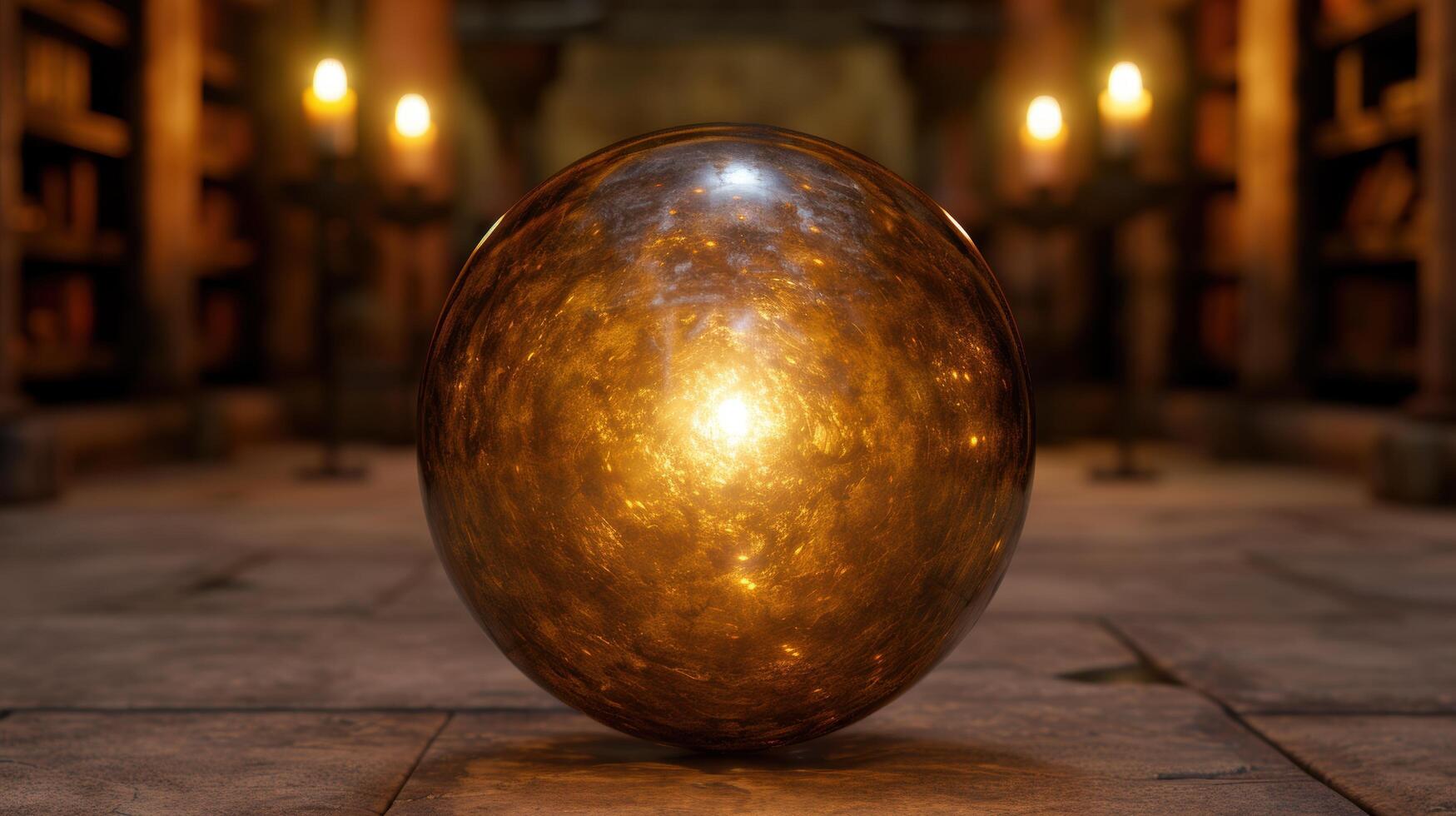 Glowing glass sphere on wooden surface photo