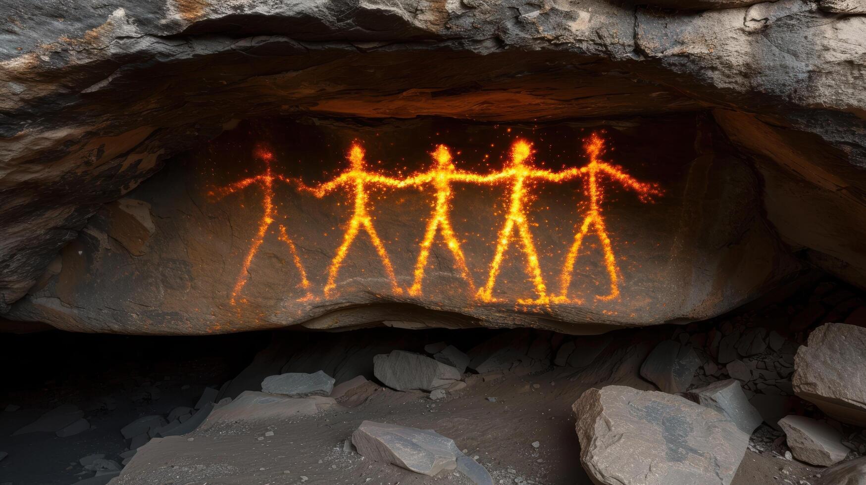 Glowing figures in a dark cave photo