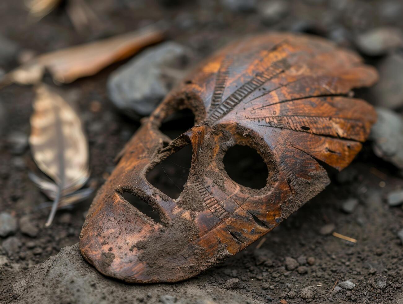 Weathered wooden skull mask on the ground photo