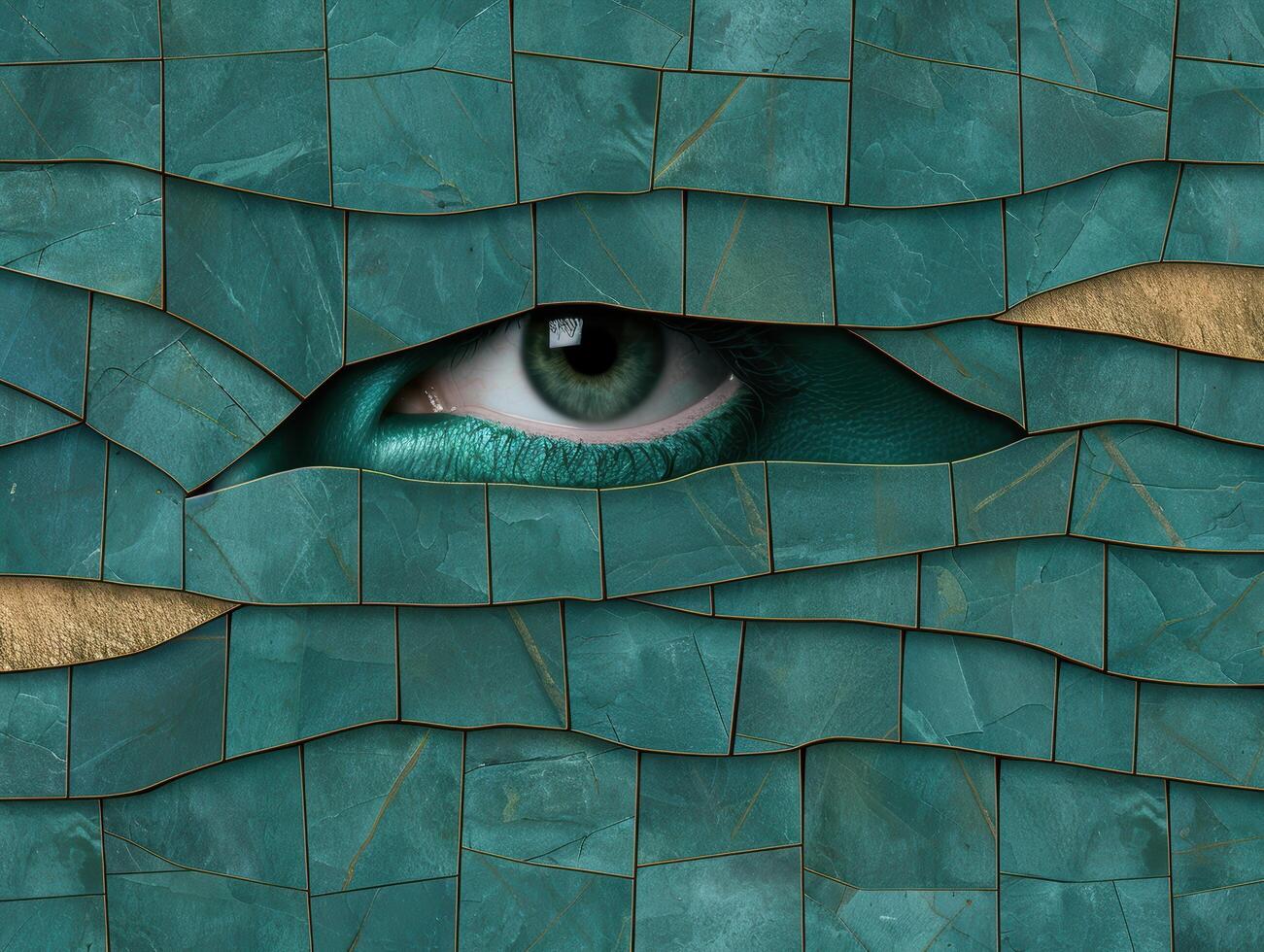 Emerald eye peering through cracked glass photo