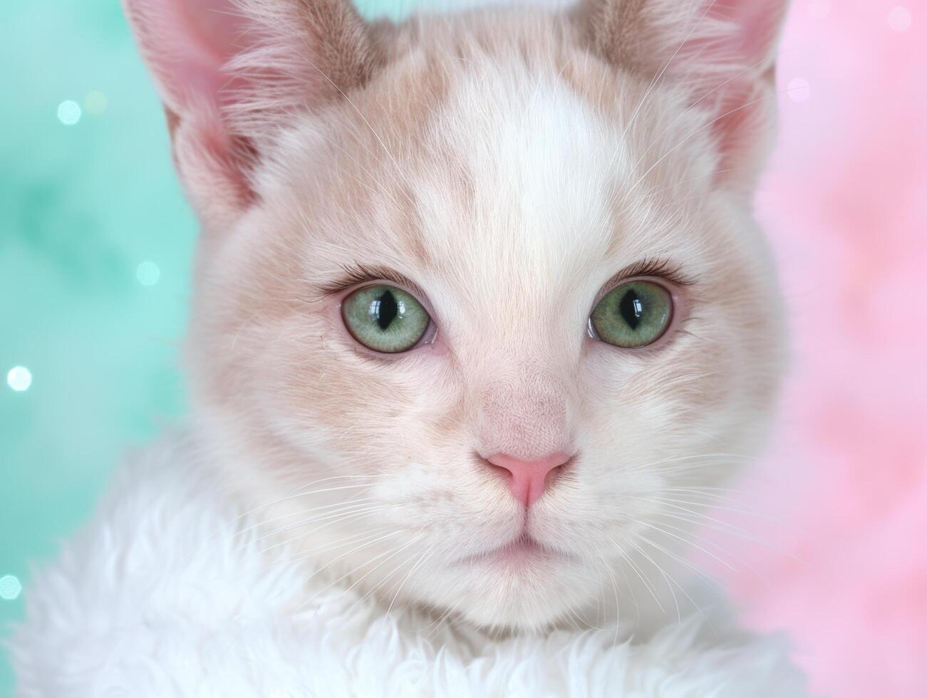 Closeup of a fluffy white cat with green eyes photo