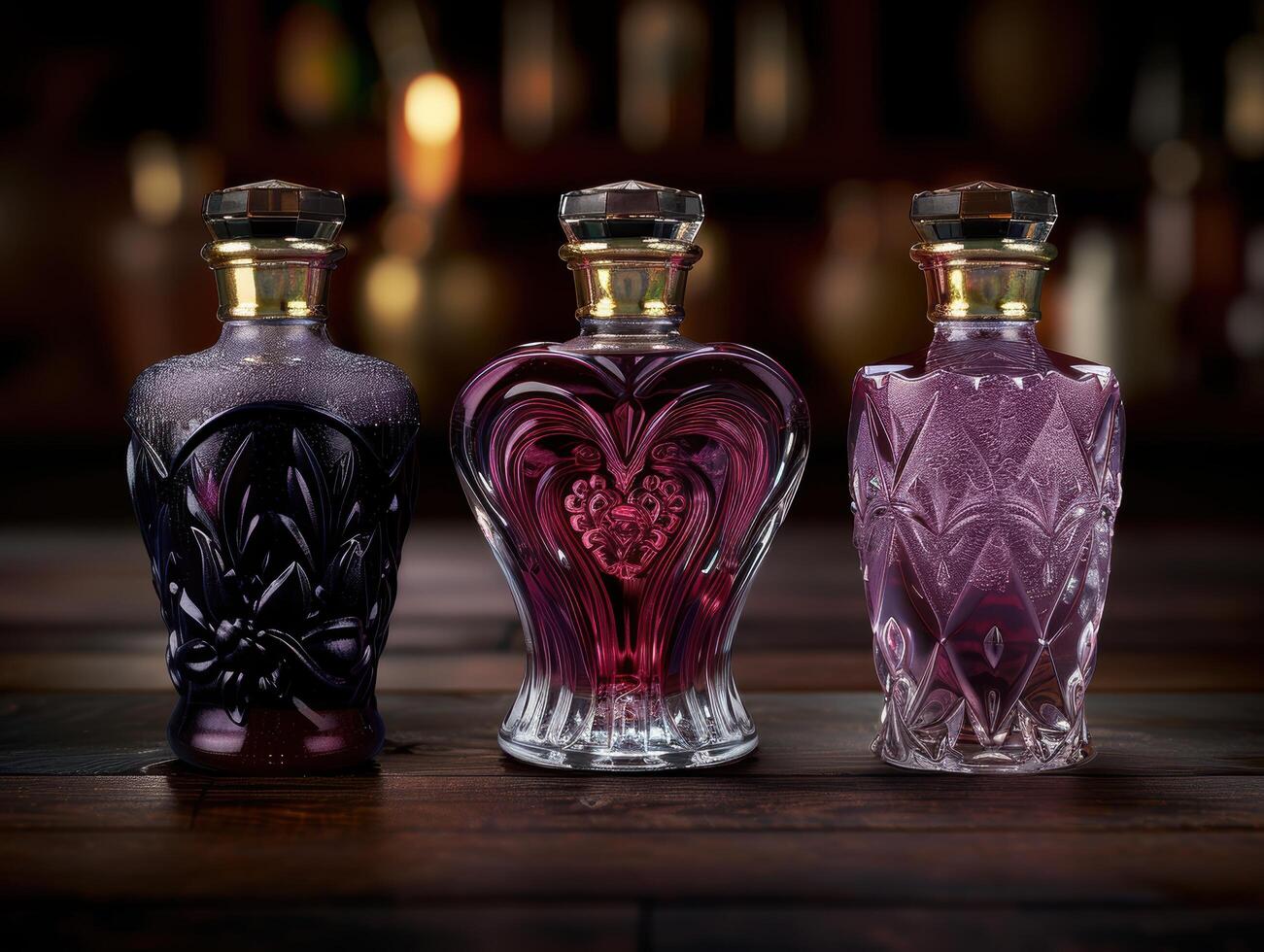 Elegant crystal liquor bottles in vibrant purple hues photo