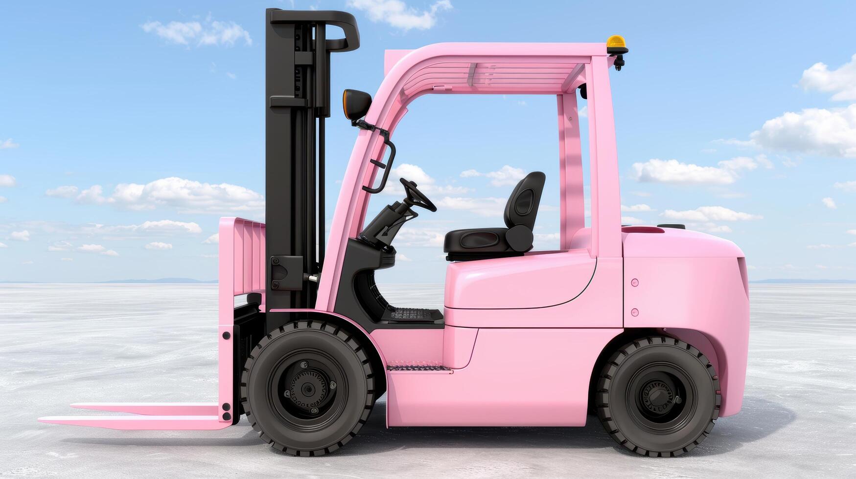 Pink forklift truck in front of cloudy sky photo