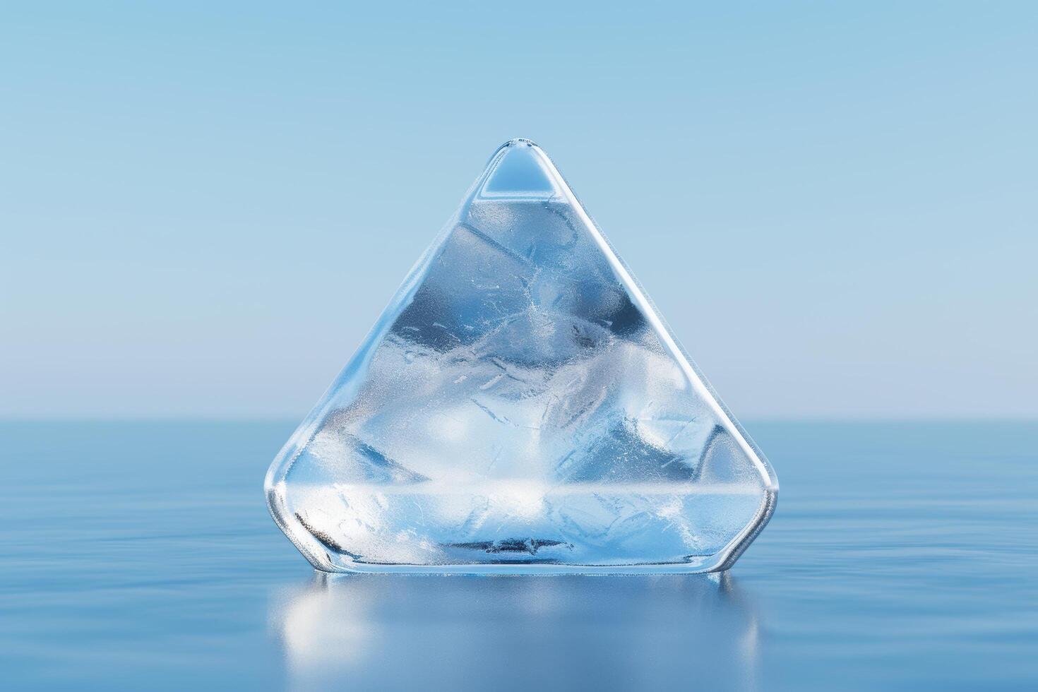 Transparent glass pyramid with ice cubes on calm water photo