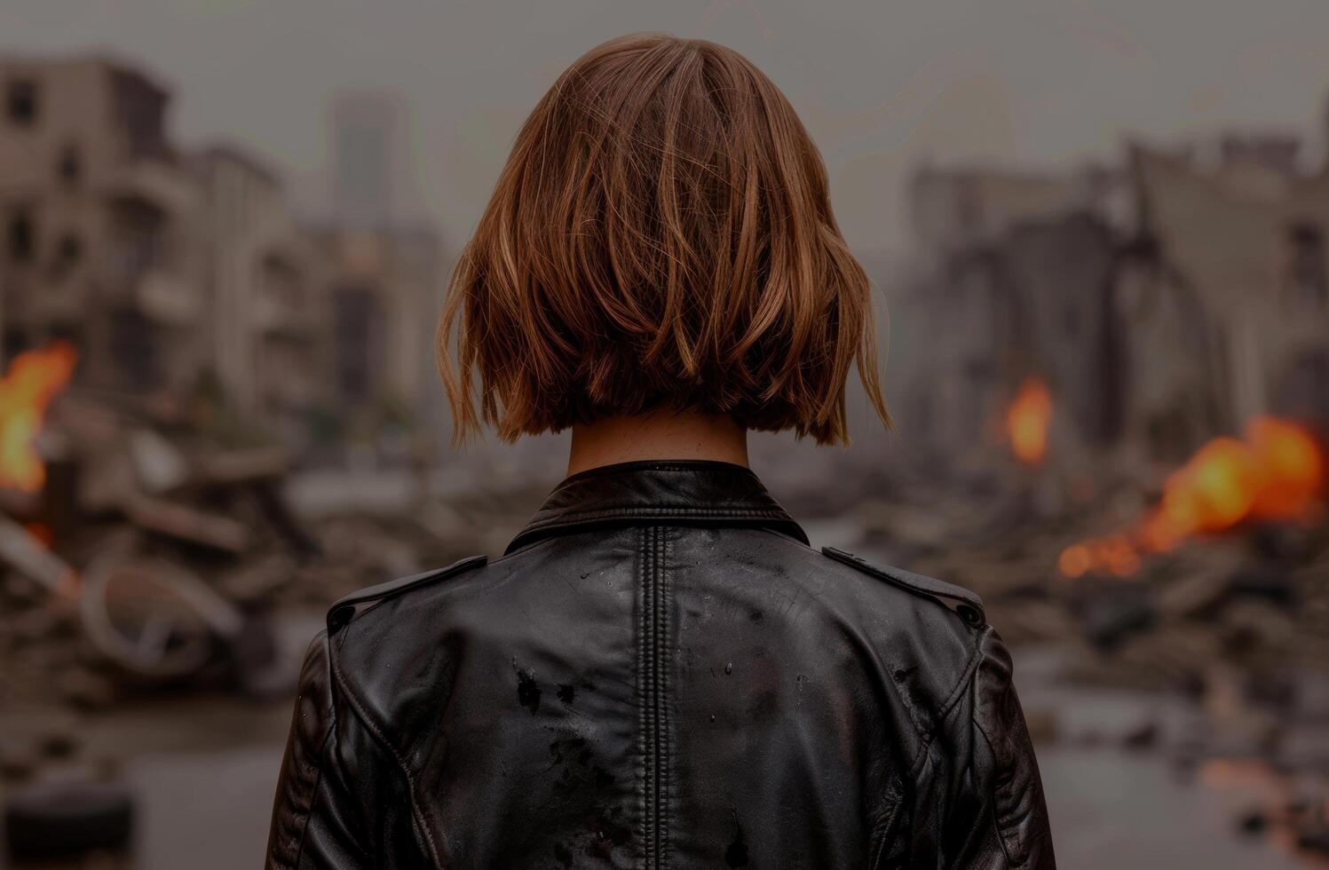 woman with short brown hair wearing black leather jacket photo