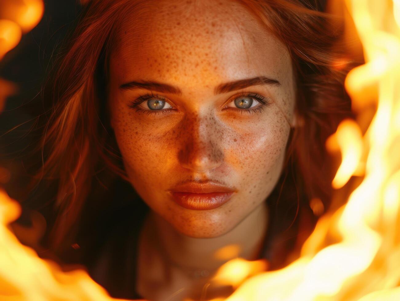 Vibrant portrait of a woman with fiery red hair and freckles photo