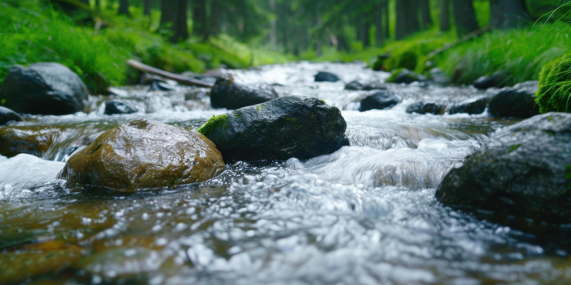 Flowing mountain stream in lush green forest photo