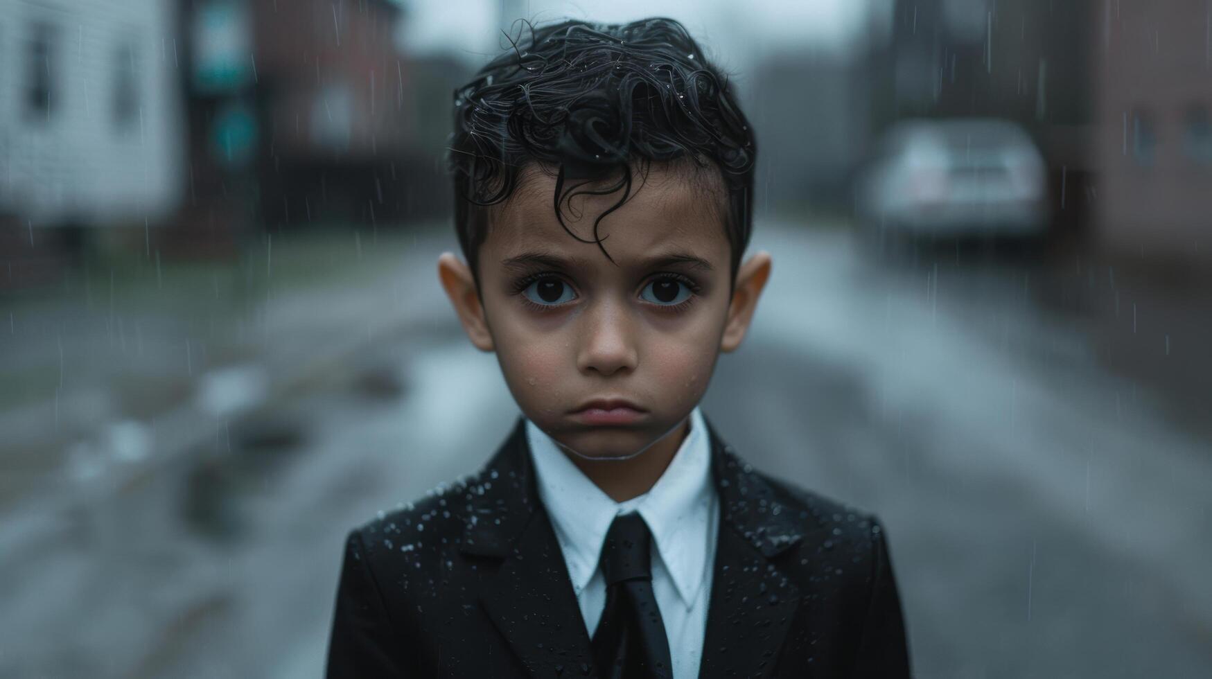Serious young boy in suit standing in rain photo
