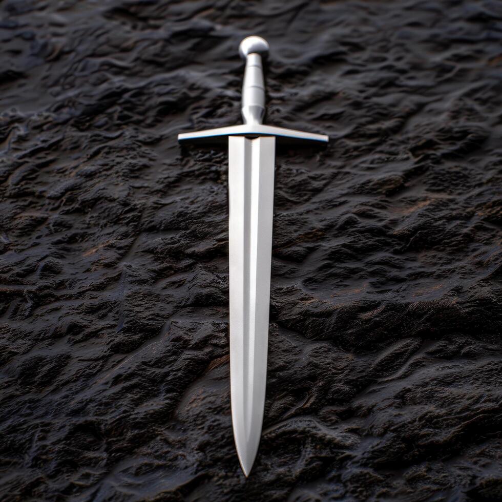 medieval sword on dark rock background photo