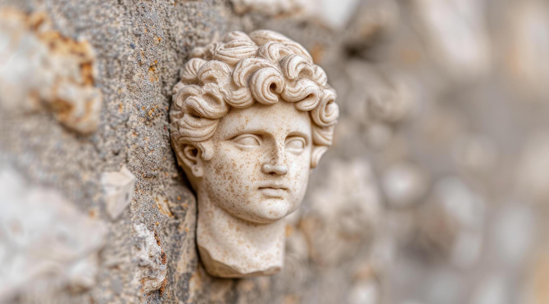 ancient stone sculpture of a human face with curly hair photo