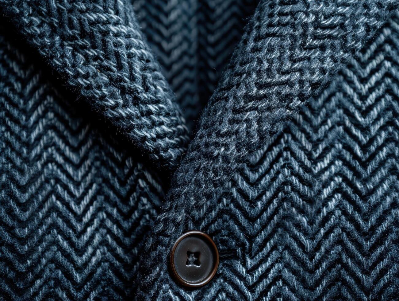 close up of a textured woolen fabric with herringbone pattern and button photo