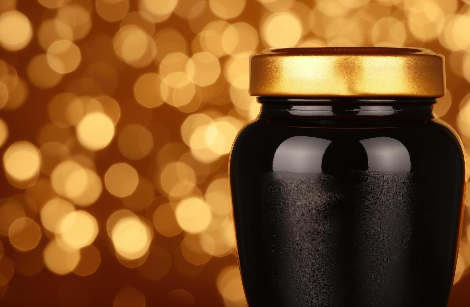 elegant black urn with golden lid on blurred golden background photo