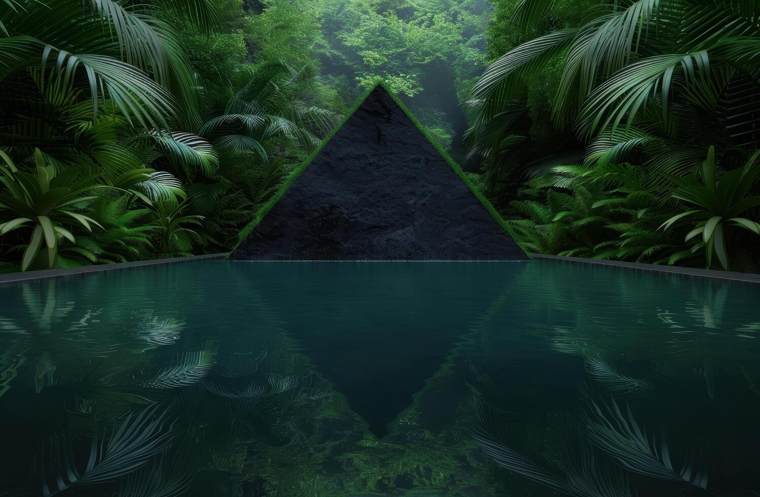 lush tropical jungle landscape with dark pyramid photo