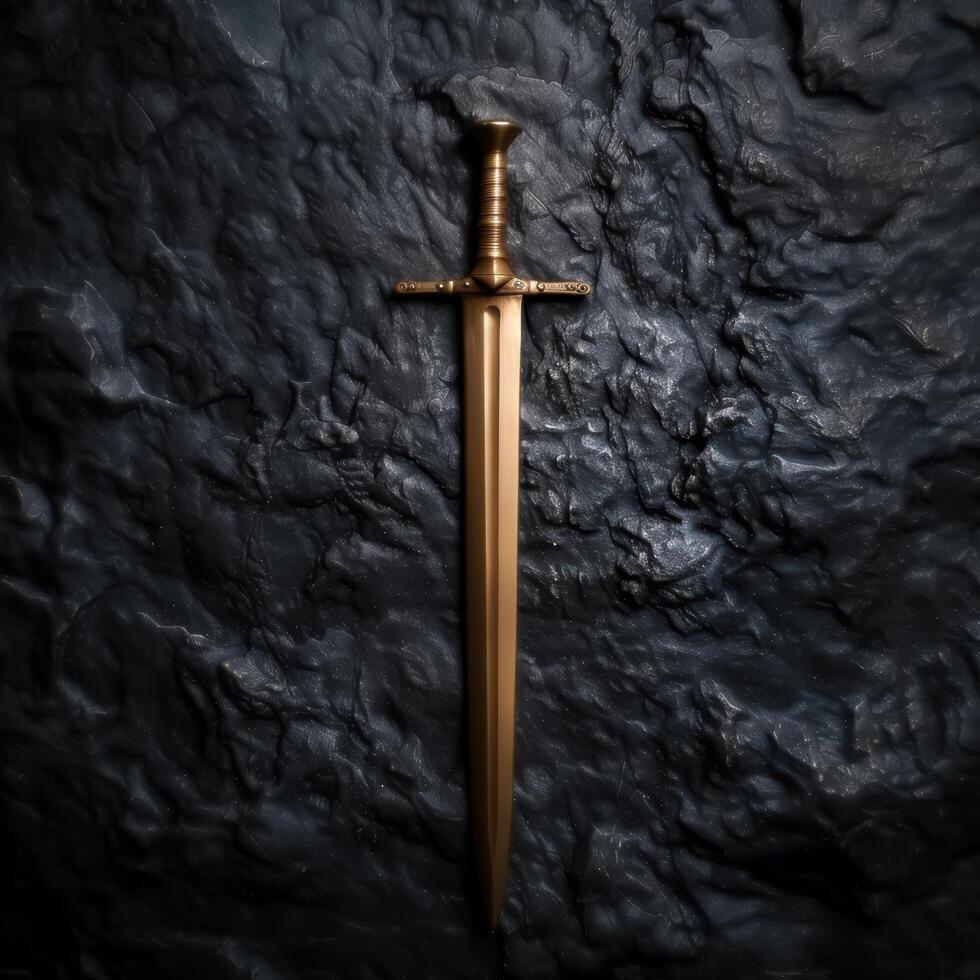 Ornate golden sword against dark rock wall photo