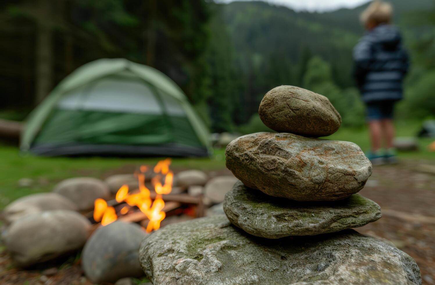 Cozy camping scene with campfire and tent photo