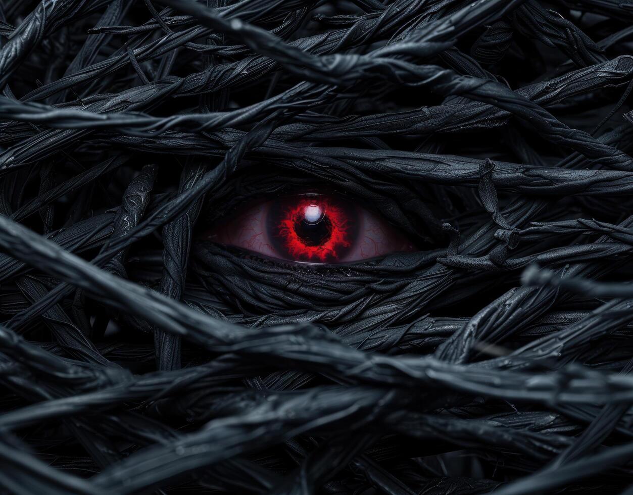 Sinister eye peering through dark feathers photo